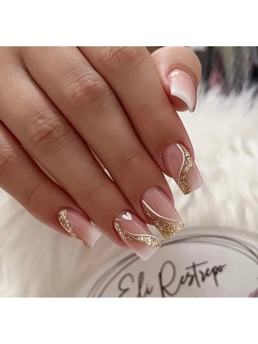 New - 24pcs - Nude/White Gradient -Heart & Glitter Stripe Press-On-Nails